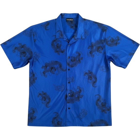 Odo Other - ODO Button Up Shirt Mens XL Blue Dragon Print Short Sleeve Polyester